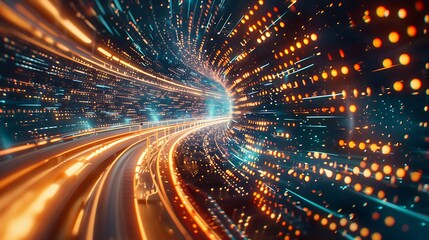 Vibrant digital tunnel filled with glowing lights and dynamic energy for representing futuristic speed data flow connectivity and high tech information transfer concept.