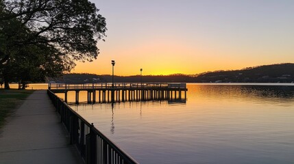 Obraz premium Sunset over calm water with a pier and pathway