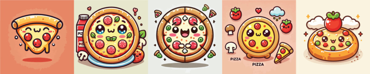 Collection of cute pizza animation vectors