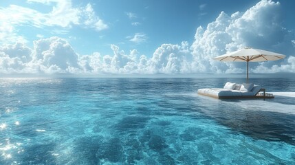 Obraz premium Tranquil beach scene with a luxurious daybed under a parasol.