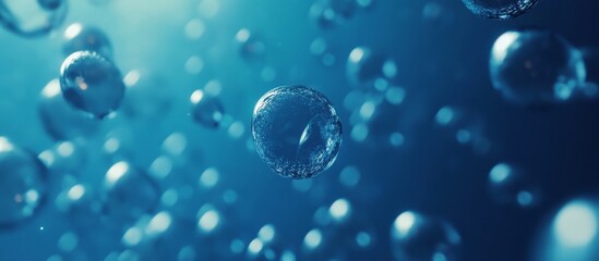 Abstract blue background with many floating transparent spheres.