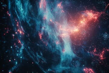Fototapeta premium Earth from space at night, intricate network patterns overlay, luminous city clusters, vibrant neon connectivity lines, futuristic and sleek aesthetic, ultrarealistic 8K visuals