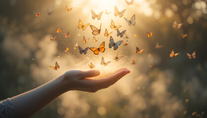 Hand releasing butterflies in warm golden light, Symbolizing freedom and transformation
