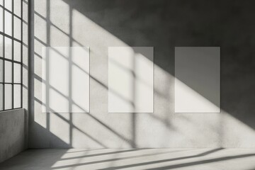 Fototapeta premium Four blank canvases on a concrete wall illuminated by sunlight streaming through a large window.