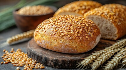 Crusty whole wheat bread roll with sesame seeds on wooden board.