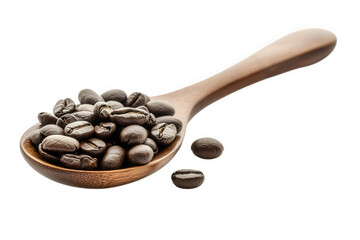 Fototapeta premium a wooden spoon filled with roasted coffee beans with three beans spilling out