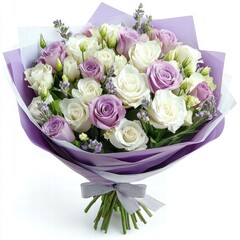 Elegant bouquet of soft lavender roses and white lisian for valentine's day on white background floral arrangement romantic setting