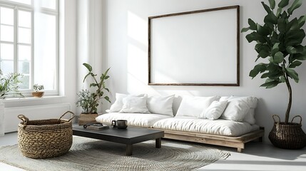 Minimalist living room with white sofa, wooden coffee table, large frame, plants, and woven baskets.