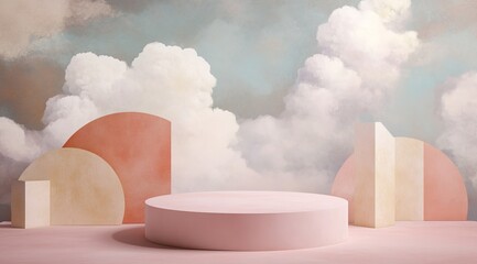 Pastel pink podium with geometric shapes against a dreamy cloud backdrop.