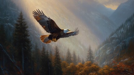 A majestic bald eagle soaring over a misty mountain landscape, capturing the essence of freedom and nature's beauty.