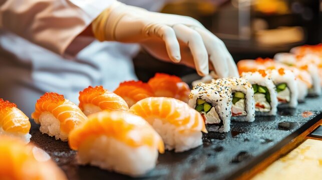 A sushi chef carefully places sushi pieces on a black platter, showcasing a variety of colorful sushi rolls and nigiri. - Powered by Adobe