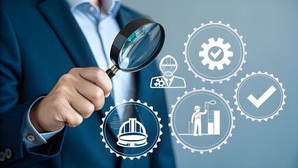 Work Safety and Compliance Concept. Businessman holding magnifying glass with pure clear icons work safety, compliance, risk management, and operational efficiency, emphasizing importance