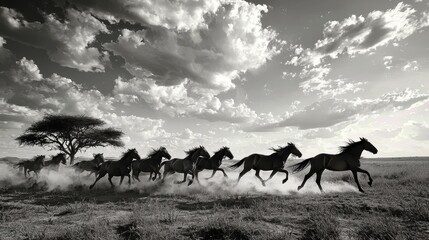 Obraz premium Wild Horses Galloping Across Plains