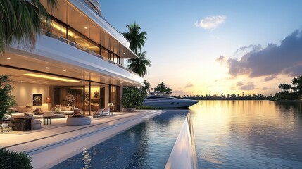 Obraz premium A luxurious waterfront villa at sunset with a pool and yacht.