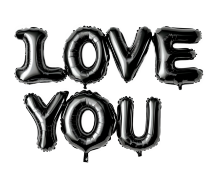 love you message spelled out with black helium balloons against a transparent background the balloons are arranged in a straight line with a slight shadow