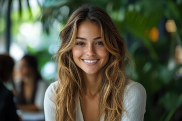 Obraz premium A woman with long brown hair is smiling and posing for a picture. Generative AI