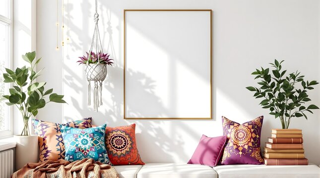 Bohemian Living Room Frame Mockup with Macrame Planter and Mandala Pillows, generative ai