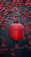 Fototapeta premium Red Lantern Hanging from Winter Berry Branch