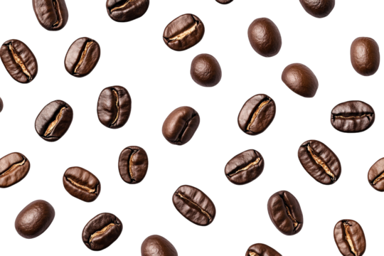 a seamless pattern of roasted coffee beans scattered on a transparent background the beans are arranged in a random pattern. creating a visually appealing and organic texture