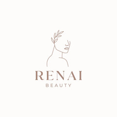 Beauty woman with leaves logo design template