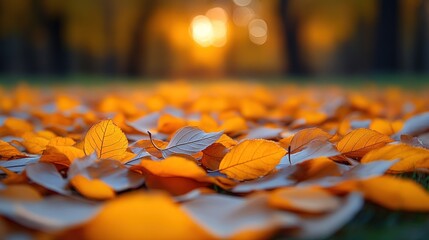 Golden autumn leaves scattered on ground at sunset.