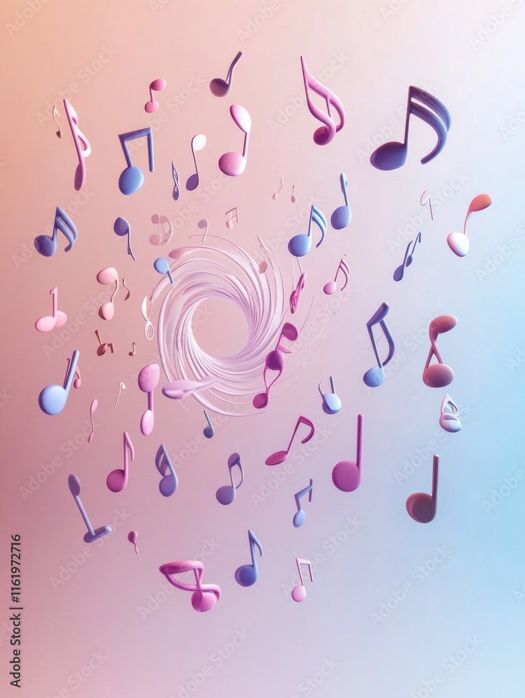 Poster colorful 3d music notes swirling in an artistic formation creating a dynamic visual experience. gene