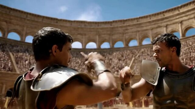 Two Gladiators Face Each Other in the Roman Colosseum Before a Large Crowd