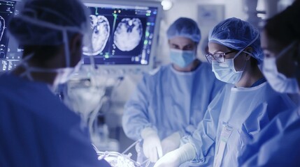 A surgical team performs a procedure, illuminated by medical monitors displaying brain scans in a high-tech operating room.