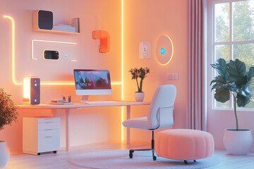 Fototapeta premium Modern Home Office Interior With Ambient Lighting and Stylish Decor in a Bright Setting