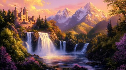 Fototapeta premium Majestic Castle Waterfall Mountain Sunset Landscape