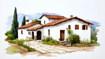 Obraz premium Rustic watercolor village scenery concept. Charming white house with a red tile roof surrounded by greenery and mountains.
