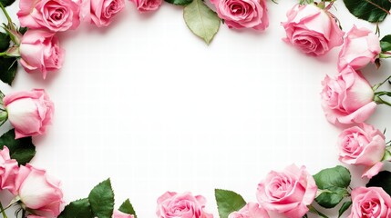 Pink Roses in Circular Frame with Green Leaves on White Background