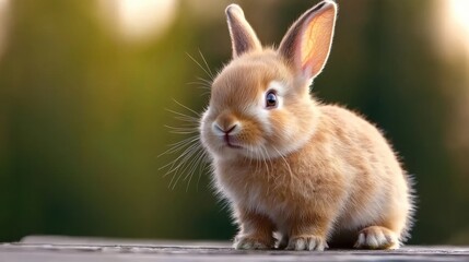 Obraz premium A cute little bunny is sitting on a wooden surface