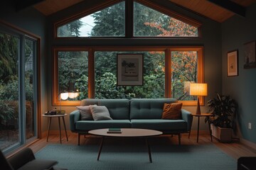 Fototapeta premium Futuristic lighting enhances a serene suburban home living room cozy atmosphere modern design natural surroundings tranquil view