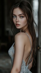 Fototapeta premium A woman with long hair and a blue dress is standing in front of a door