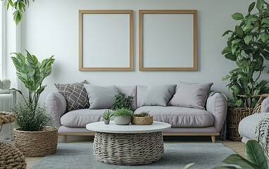 Modern living room with lavender sofa, wicker coffee table, plants, and two blank frames.