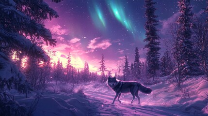Fototapeta premium A serene winter landscape featuring a wolf walking through snow under a vibrant aurora borealis sky at twilight.