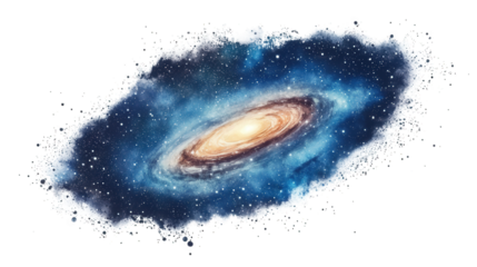 a swirling spiral galaxy with a bright core and scattered stars. rendered in a painterly style against a transparent background