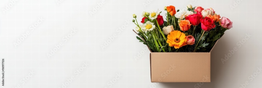 Poster Beautiful delivery box filled with fresh vibrant flowers on a neutral background with ample copy space for creative use. Generative AI