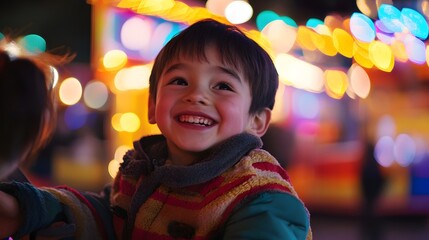 Excited children enjoying carnival games and rides under bright festival lights