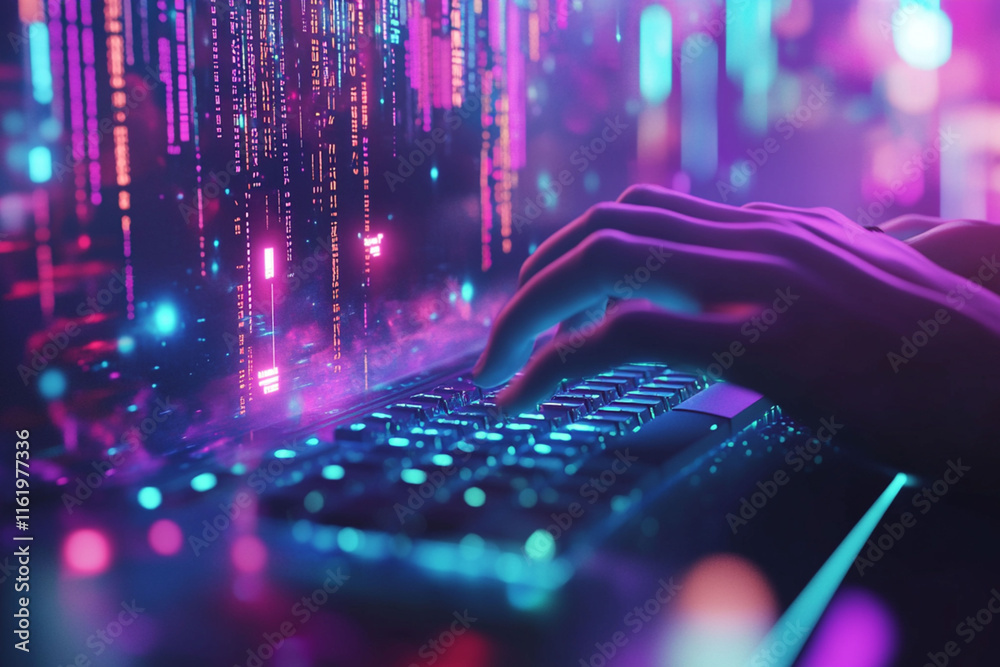 Poster creative coding with neon lights illuminating a keyboard during late night programming session