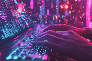 Colorful Computer Coding Scene With Illuminated Keyboard and Digital Data Representation