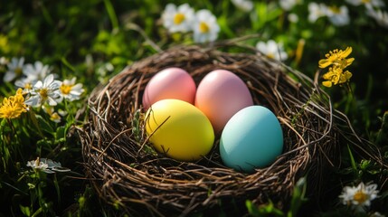 Obraz premium Colorful easter eggs in a festive spring setting with pastel shades and intricate decorative patterns, perfect for celebrating the holiday season and adding vibrant cheer to seasonal designs