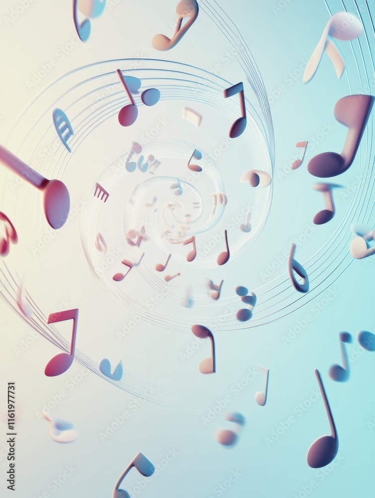 Poster Colorful 3D music notes swirling through a vibrant space filled with sound and rhythm. Generative AI