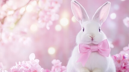 Fototapeta premium White bunny with pink bow sitting among pastel flowers on a blue background, representing elegance, beauty, and spring celebration.