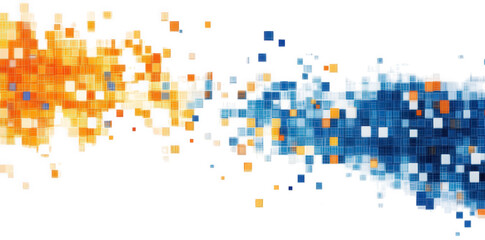 abstract background with blue and orange square pixels flowing on a transparent background