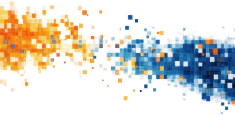 abstract background with blue and orange square pixels flowing on a transparent background