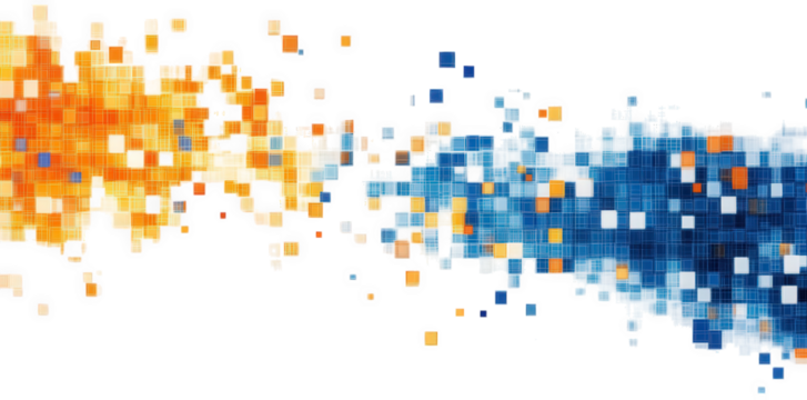 abstract background with blue and orange square pixels flowing on a transparent background