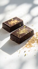 Obraz premium Dubai Chocolate Kunafa Pistachio on white background,Dubai Chocolate bar with green kadayif and pistachio spread,popular and viral chocolate 2024,space for text.