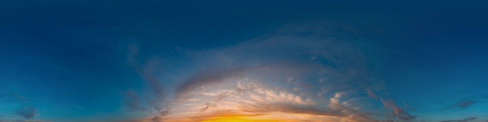 Seamless 360 HDR spherical panorama of sunset sky with vibrant pink Cirrus clouds. Full zenith or sky dome in 3D, sky replacement for aerial drone panoramas. Climate and weather change.